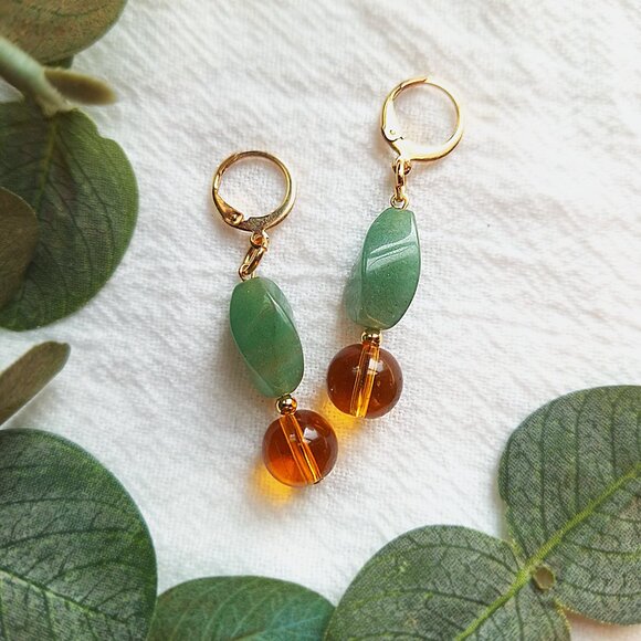 Aventurine Earrings, Timeless Boho Crystal Dangles, Amber Bead Minimalist Drops - Picture 3 of 6